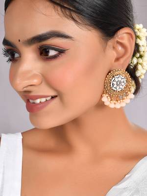 Antique goldplated peach drops round stud earrings copper for women & girls | festive traditional earrings women 1