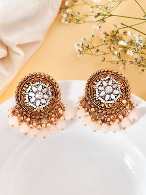 Antique goldplated peach drops round stud earrings copper for women & girls | festive traditional earrings women 2