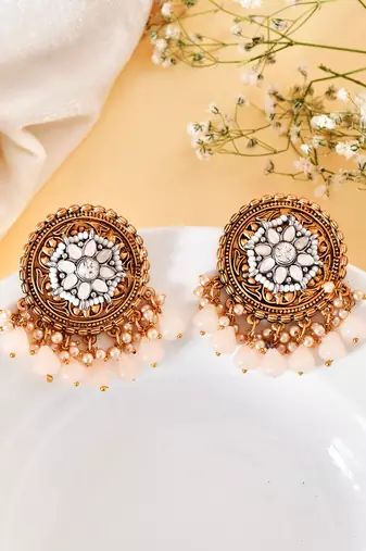 Antique goldplated peach drops round stud earrings copper for women & girls | festive traditional earrings women