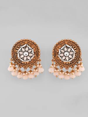 Antique goldplated peach drops round stud earrings copper for women & girls | festive traditional earrings women 3