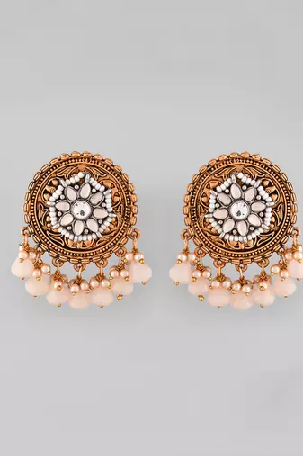 Antique goldplated peach drops round stud earrings copper for women & girls | festive traditional earrings women