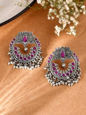 Oxidized silver plated purple kemp stone lotus designed chandbali earrings for women & girls | party festive earrings 1