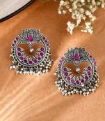 Oxidized silver plated purple kemp stone lotus designed chandbali earrings for women & girls | party festive earrings