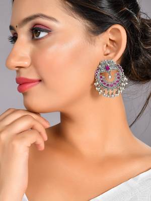 Oxidized silver plated purple kemp stone lotus designed chandbali earrings for women & girls | party festive earrings 2