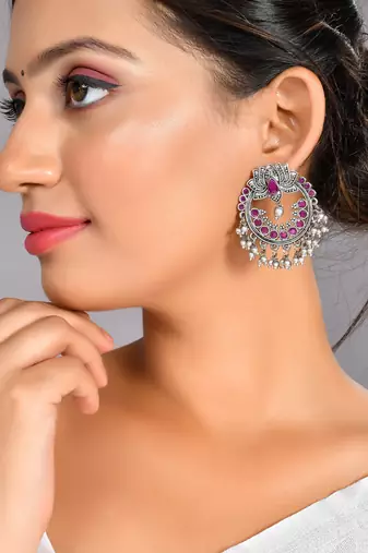 Oxidized silver plated purple kemp stone lotus designed chandbali earrings for women & girls | party festive earrings