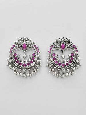Oxidized silver plated purple kemp stone lotus designed chandbali earrings for women & girls | party festive earrings 3