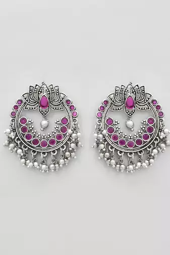 Oxidized silver plated purple kemp stone lotus designed chandbali earrings for women & girls | party festive earrings
