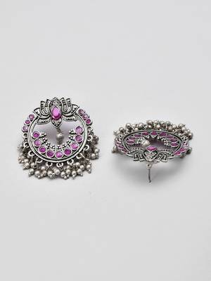 Oxidized silver plated purple kemp stone lotus designed chandbali earrings for women & girls | party festive earrings 4