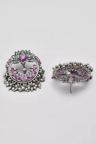 Oxidized silver plated purple kemp stone lotus designed chandbali earrings for women & girls | party festive earrings