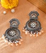 Silver-plated traditional floral design oxidised peach drop earrings for women & girls | festive party earrings