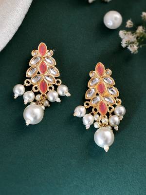Gold-plated pink enamel simple stud earrings copper for women & girls | traditional earrings women 2