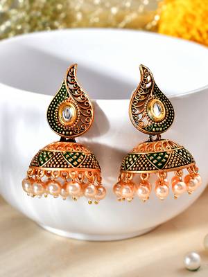 Gold-plated green classic jhumki earrings for women & girls | traditional earrings women| gold plated jhumkis festive 1