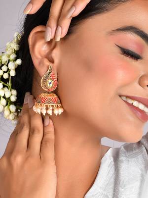 Gold-plated red classic jhumki earrings for women & girls | traditional earrings women| gold plated jhumkis festive 1
