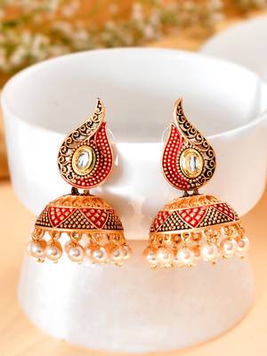 Gold-plated red classic jhumki earrings for women & girls | traditional earrings women| gold plated jhumkis festive 2