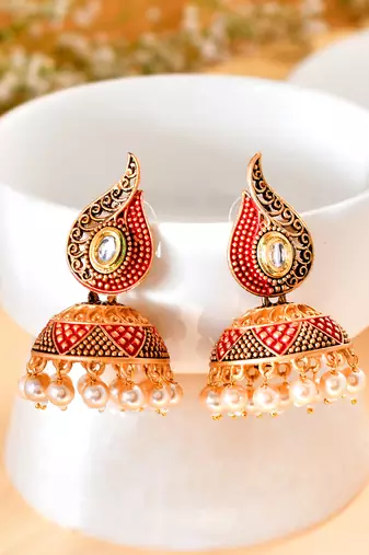 Gold-plated red classic jhumki earrings for women & girls | traditional earrings women| gold plated jhumkis festive