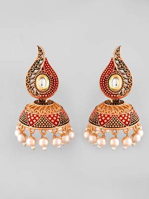 Gold-plated red classic jhumki earrings for women & girls | traditional earrings women| gold plated jhumkis festive 3