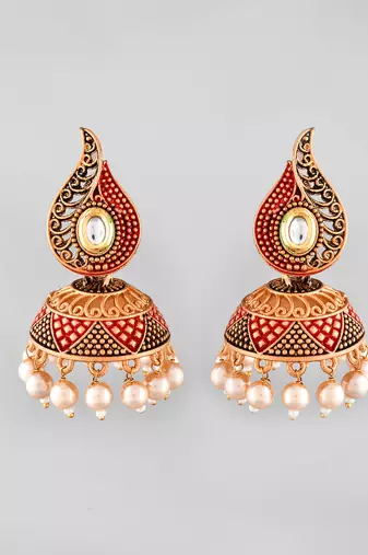 Gold-plated red classic jhumki earrings for women & girls | traditional earrings women| gold plated jhumkis festive