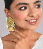 Luminous green stone studded big round jhumka earrings for women & girls | gold plated traditional jhumkis earrings