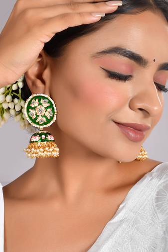Gold-plated gorgeous green meenakari jhumka earrings for women and girls |party look big meenakari earrings