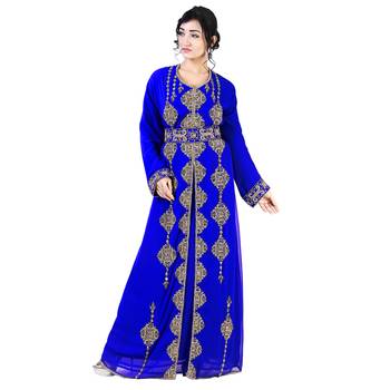 Royal -Blue color Full Sleeves Handmade Moroccan Kaftan With Sun-proof hijab 1