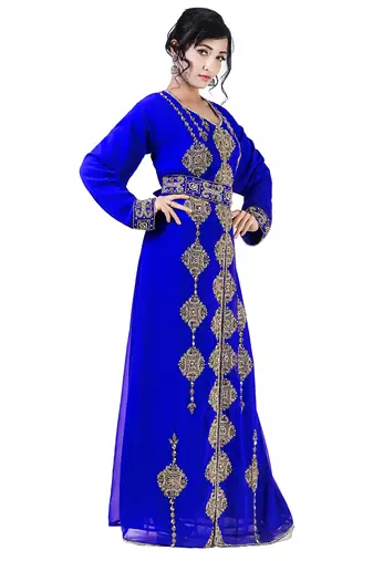 Royal -Blue color Full Sleeves Handmade Moroccan Kaftan With Sun-proof hijab