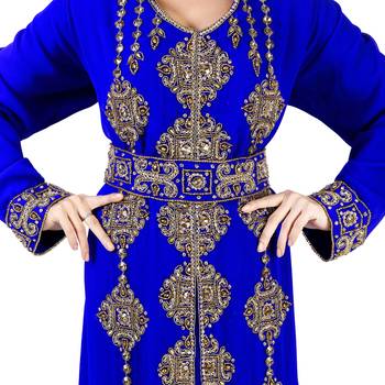 Royal -Blue color Full Sleeves Handmade Moroccan Kaftan With Sun-proof hijab 3