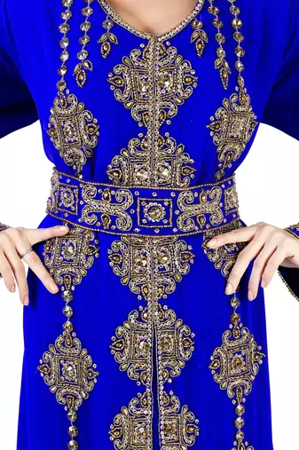 Royal -Blue color Full Sleeves Handmade Moroccan Kaftan With Sun-proof hijab