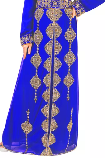 Royal -Blue color Full Sleeves Handmade Moroccan Kaftan With Sun-proof hijab