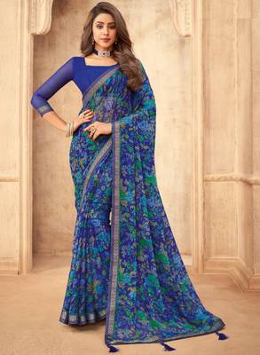 Blue floral printed chiffon sari attached banarsi border with blouse 1