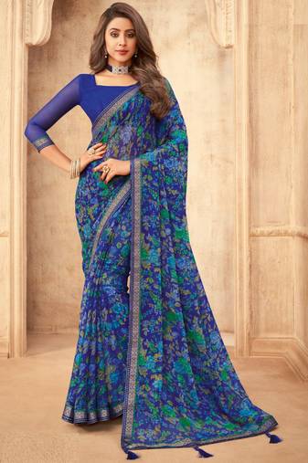 Blue floral printed chiffon sari attached banarsi border with blouse