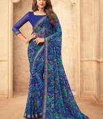 Blue floral printed chiffon sari attached banarsi border with blouse