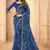 Blue floral printed chiffon sari attached banarsi border with blouse