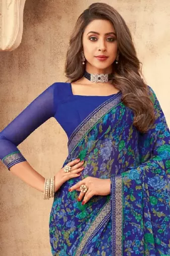 Blue floral printed chiffon sari attached banarsi border with blouse