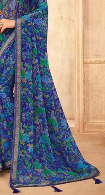 Blue floral printed chiffon sari attached banarsi border with blouse 3