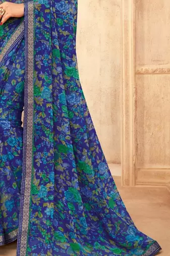 Blue floral printed chiffon sari attached banarsi border with blouse