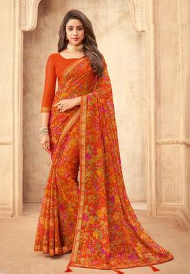 Orange floral printed chiffon sari attached banarsi border with blouse 1