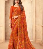Orange floral printed chiffon sari attached banarsi border with blouse