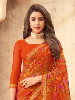 Orange floral printed chiffon sari attached banarsi border with blouse 2