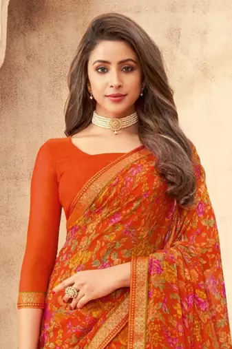 Orange floral printed chiffon sari attached banarsi border with blouse