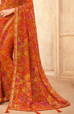 Orange floral printed chiffon sari attached banarsi border with blouse 3