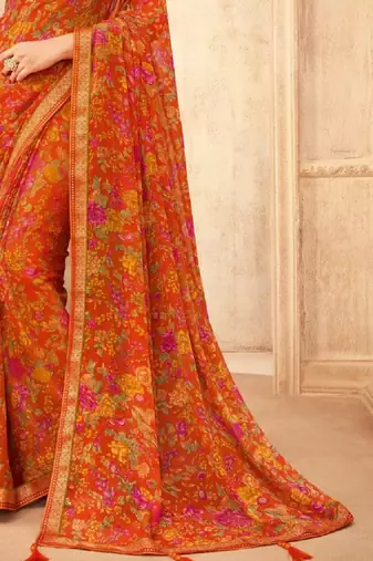 Orange floral printed chiffon sari attached banarsi border with blouse