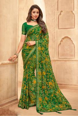 Green floral printed chiffon sari attached banarsi border with blouse 1