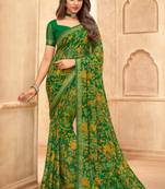 Green floral printed chiffon sari attached banarsi border with blouse
