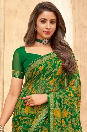 Green floral printed chiffon sari attached banarsi border with blouse