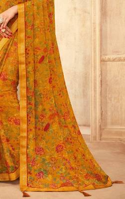 Yellow floral printed chiffon sari attached banarsi border with blouse 3
