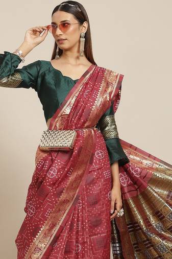 Riva Enterprise Women'S Faux Banarasi Cotton Silk With Zari Weaving Bandhani Saree