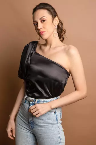 Black one sleeve satin top