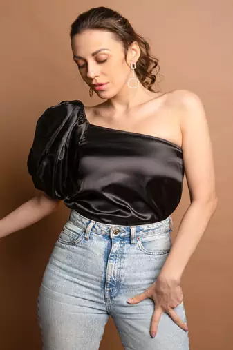 Black one sleeve satin top