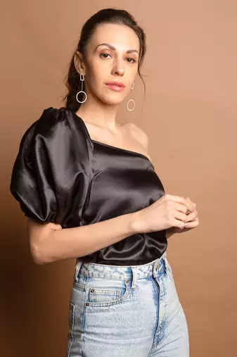 Black one sleeve satin top