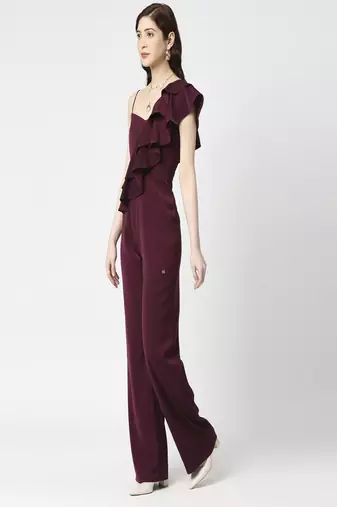 Wine ruffle jumpsuit